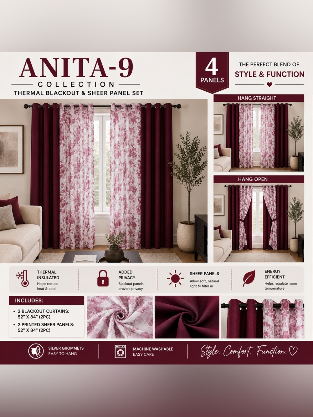 ANITA-9 Thermal Blackout & Floral Sheer Curtain Set – 4 Panels